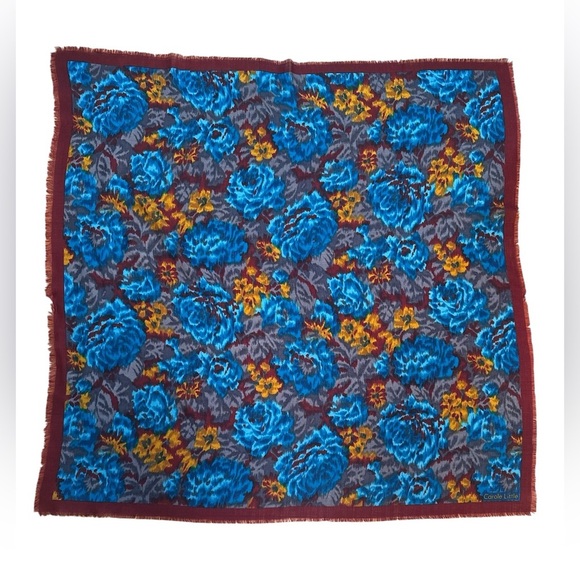 Carole Little Vintage Blue Floral Scarf 34x34 100% Wool Made in Japan RN 15542 - Picture 6 of 6